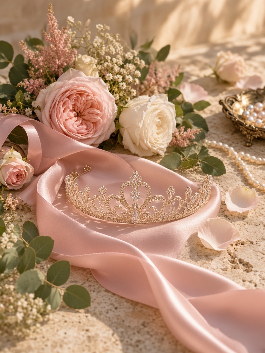 Tiara dorada sobre seda rosa